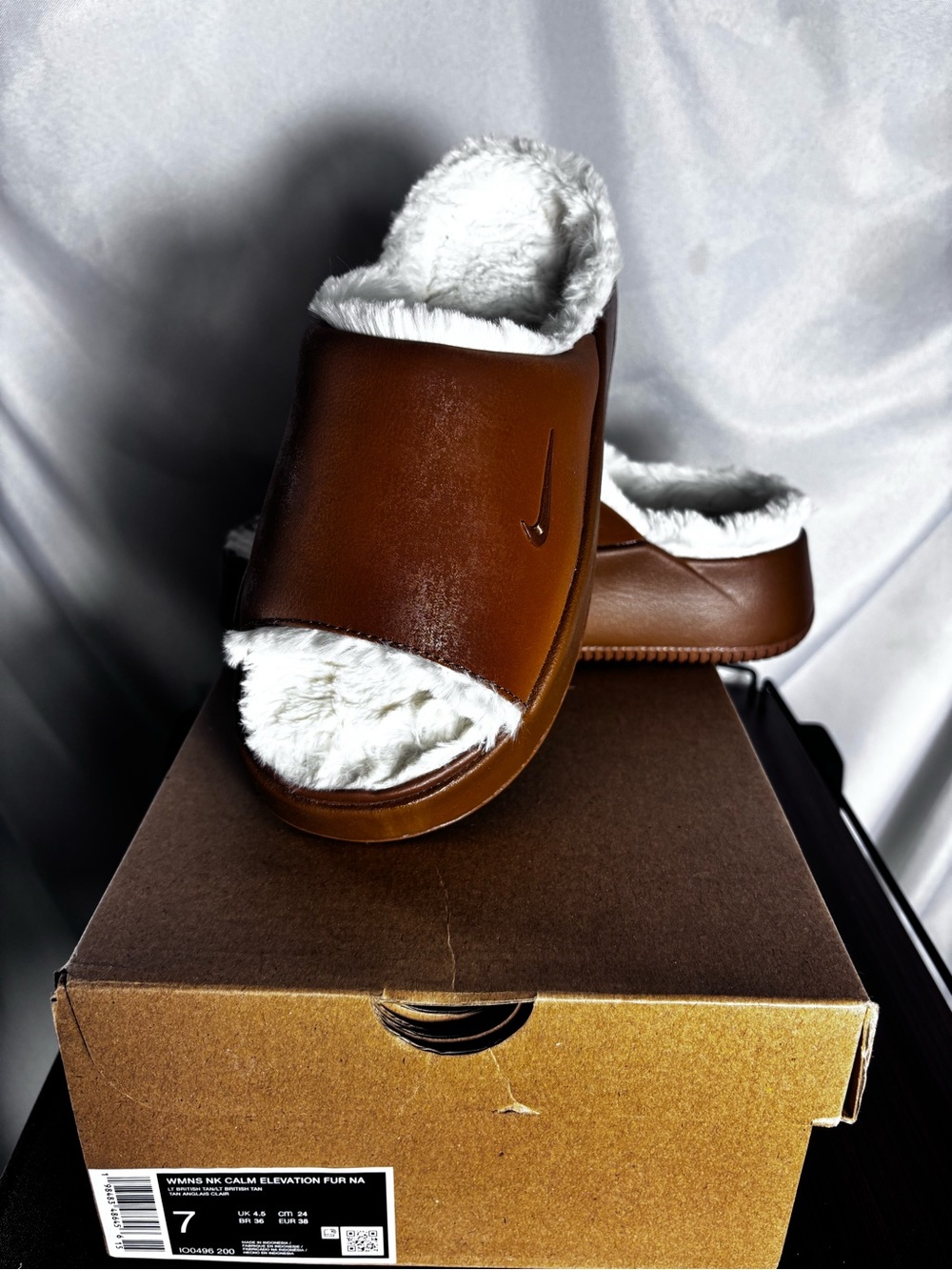 Nike Women's Brown Faux-Fur Slide Slippers with White Lining